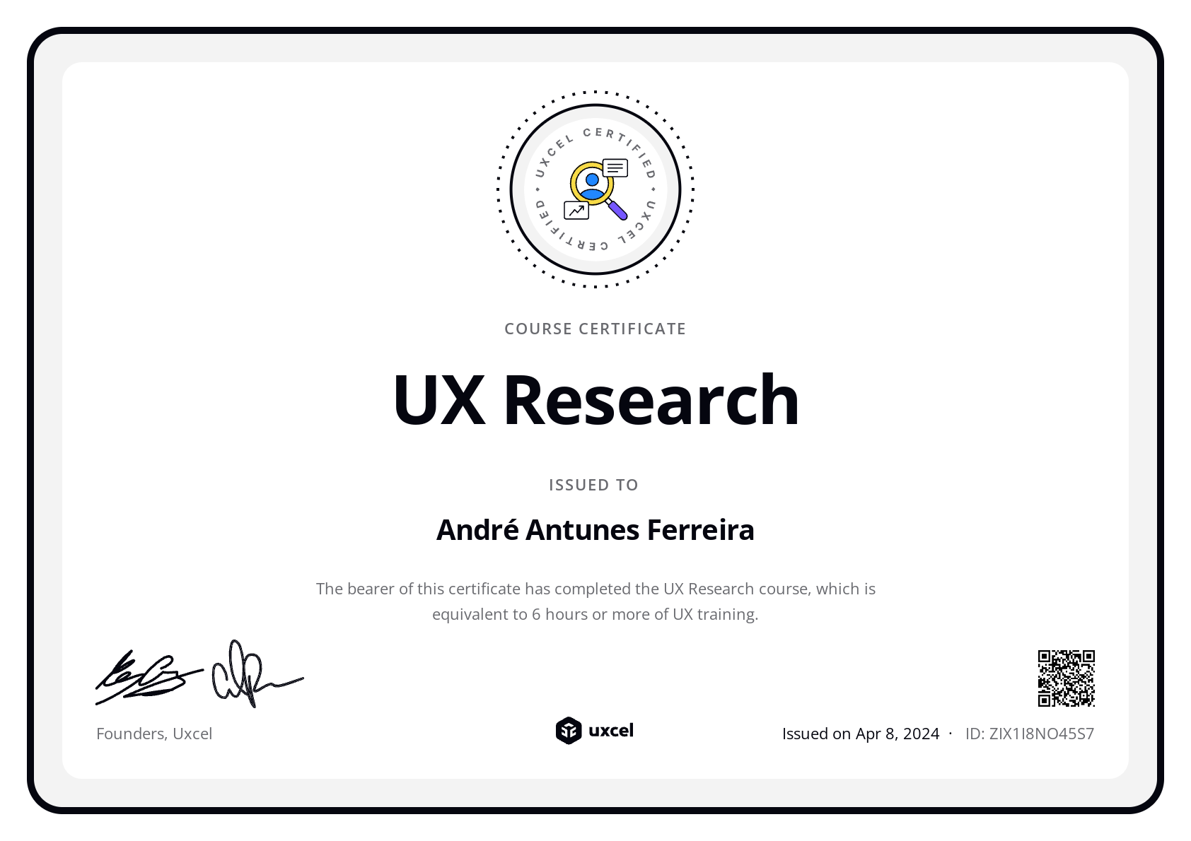 André Ferreira's certificate